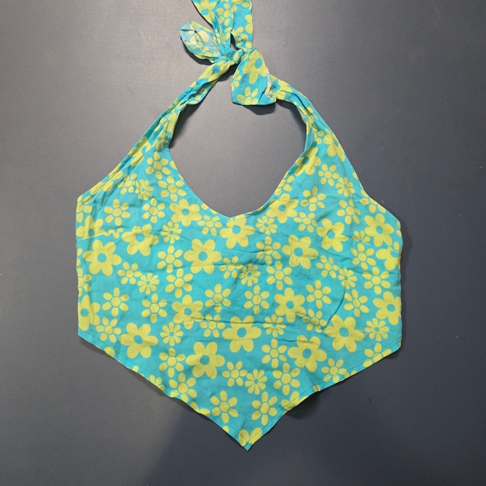 Y2K Floral Halter Top Blue Yellow Smocked Bandana Hem Cami Women's Size S